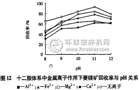 十二胺體系中金屬離子作用下菱鎂礦回收率與pH關(guān)系
