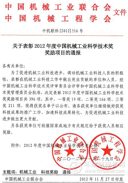 關(guān)于表彰2012年度中國機(jī)械工業(yè)科學(xué)技術(shù)獎(jiǎng)獎(jiǎng)勵(lì)項(xiàng)目的通報(bào)